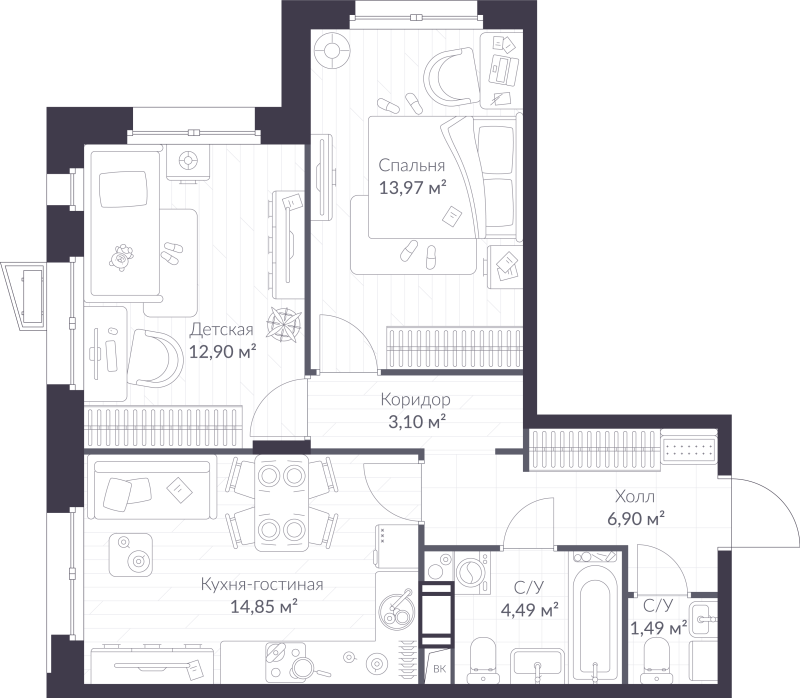 2 ккв 57,7 м²