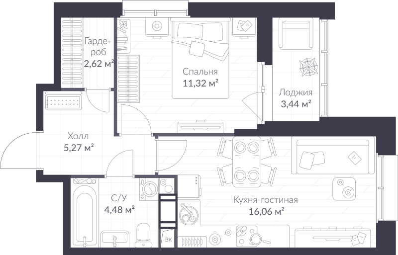 2 ккв (Евро) 41,5 м²