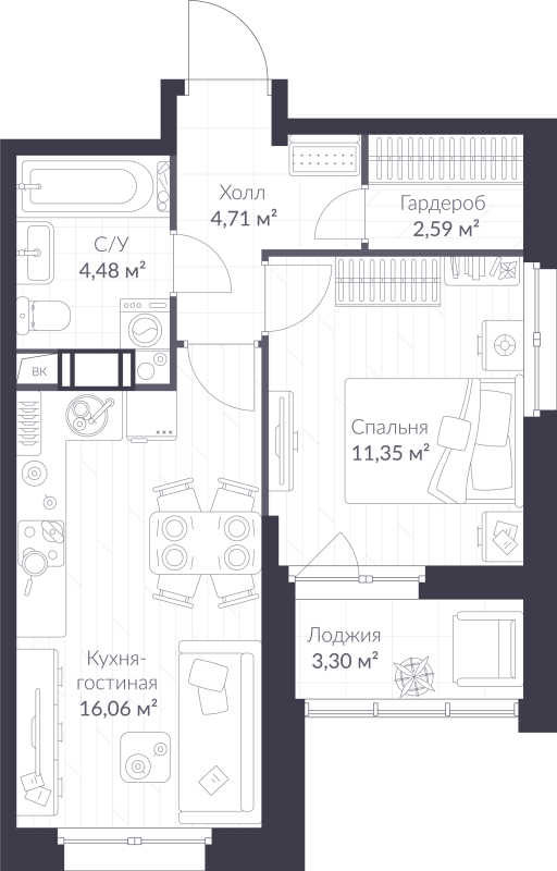 2 ккв (Евро) 40,8 м²