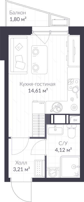 Студия 22,5 м²
