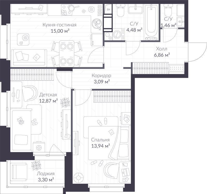 3 ккв (Евро) 59,4 м²