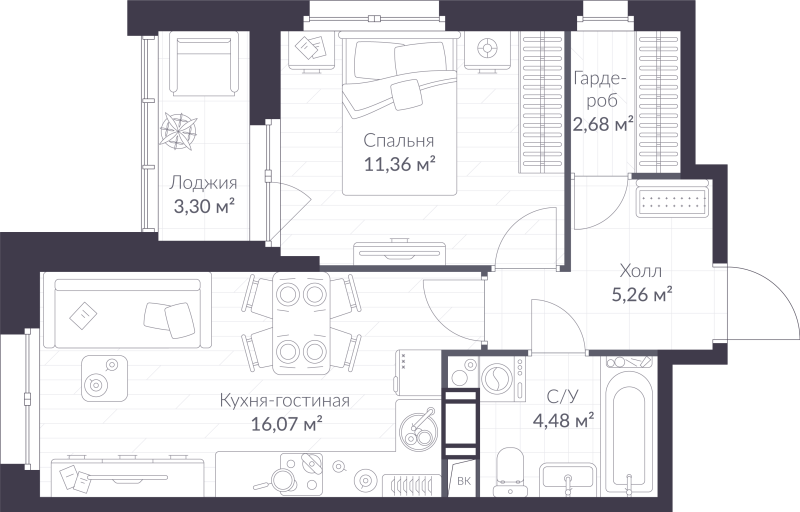 2 ккв (Евро) 41,5 м²