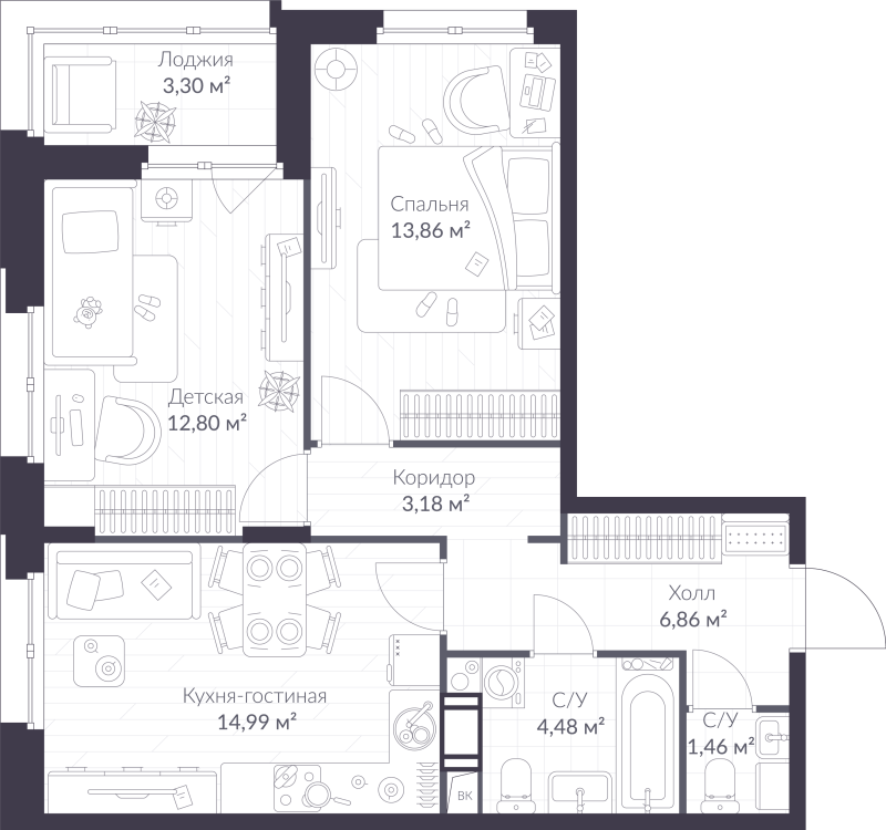 3 ккв (Евро) 59,3 м²