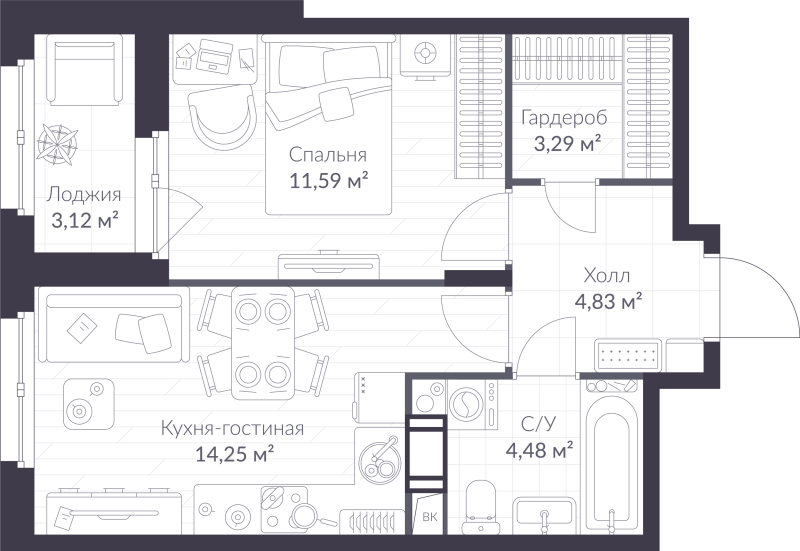 1 ккв 40 м²