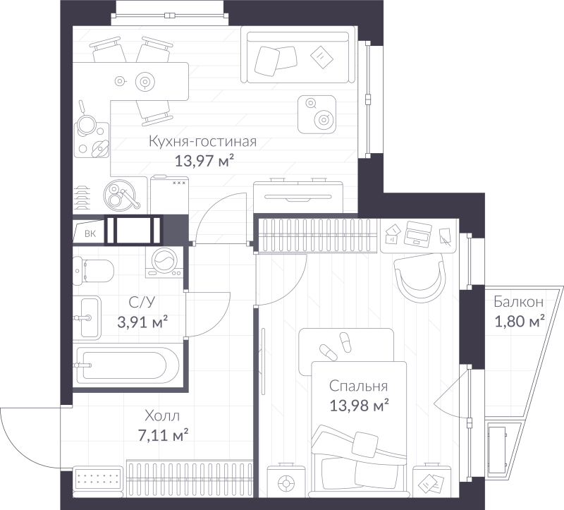 1 ккв 39,5 м²