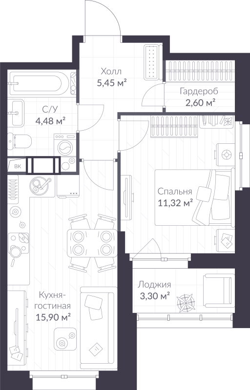 2 ккв (Евро) 41,4 м²
