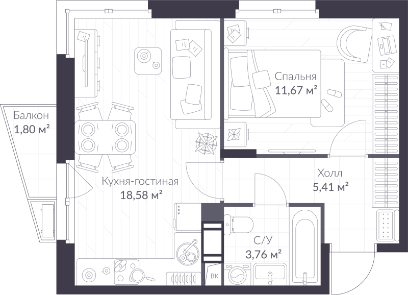 2 ккв (Евро) 40 м²