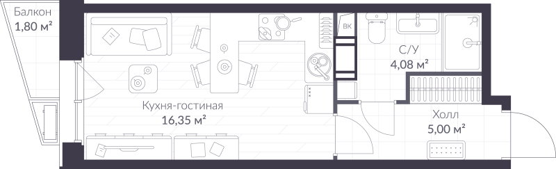 Студия 26 м²
