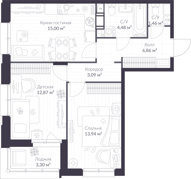 3 ккв (Евро) 59,4 м²