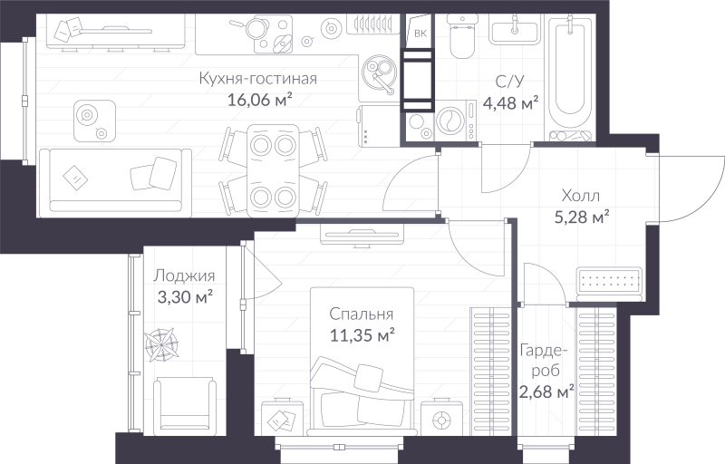 2 ккв (Евро) 41,5 м²