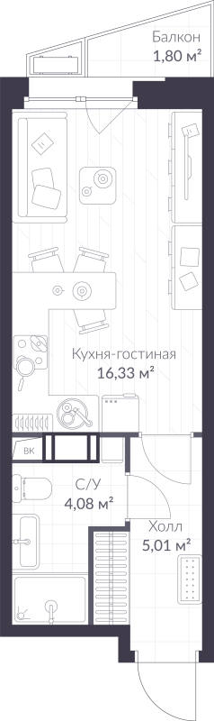 Студия 26 м²