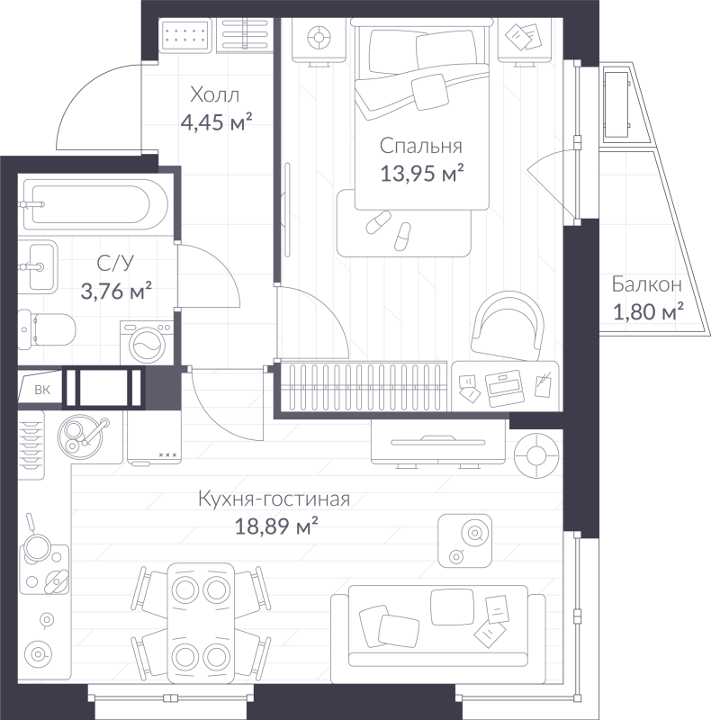 2 ккв (Евро) 41,6 м²
