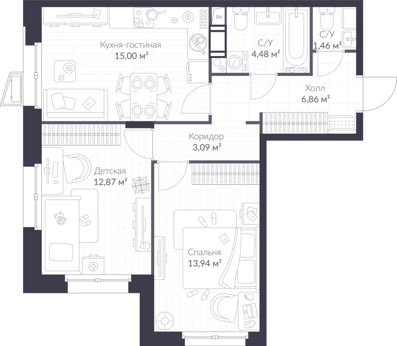 3 ккв (Евро) 57,7 м²