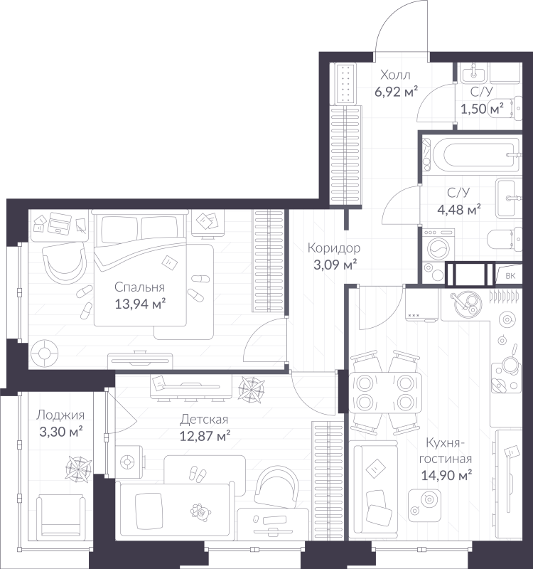 2 ккв 59,4 м²