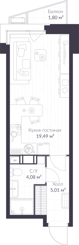Студия 29,1 м²