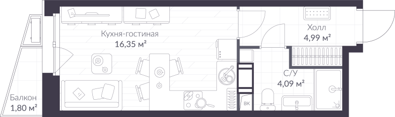 Студия 26 м²