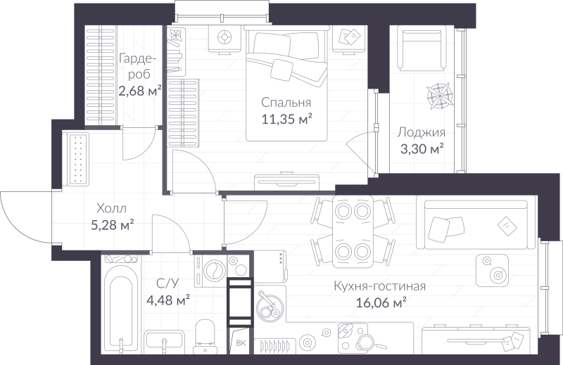 2 ккв (Евро) 41,5 м²