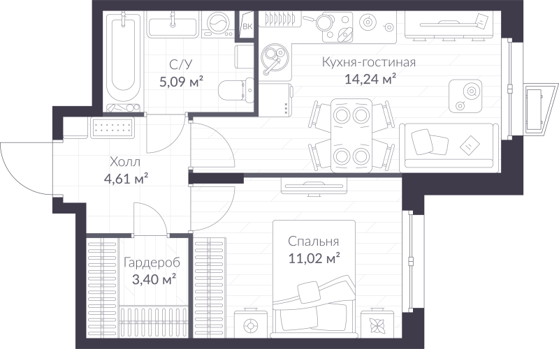 1 ккв 38,4 м²