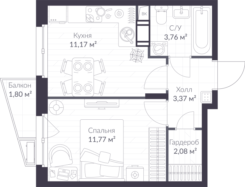 1 ккв 32,7 м²
