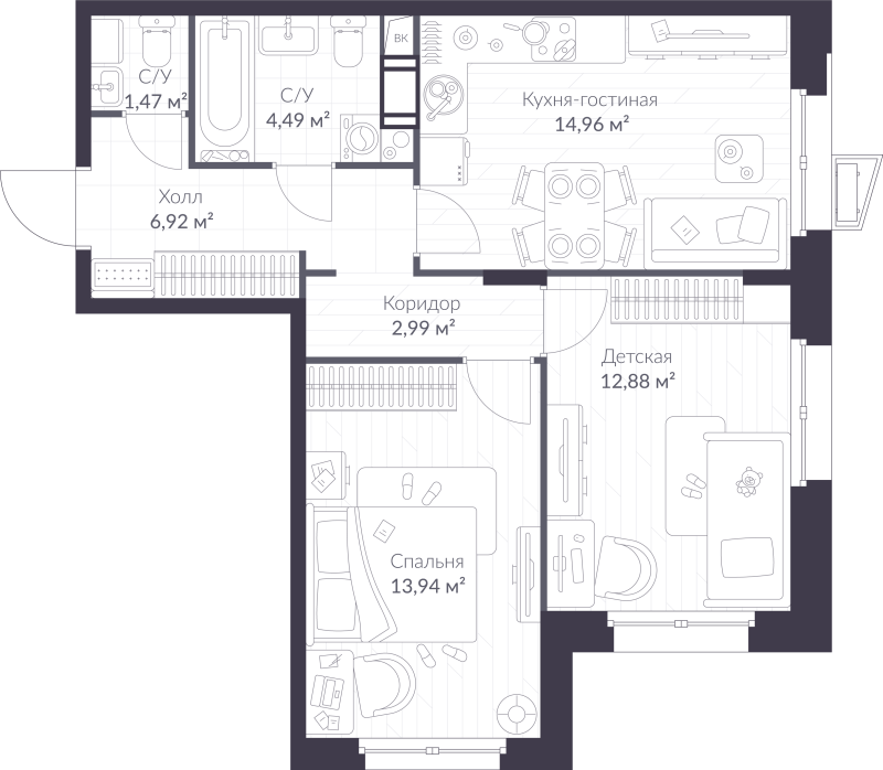 2 ккв 57,7 м²