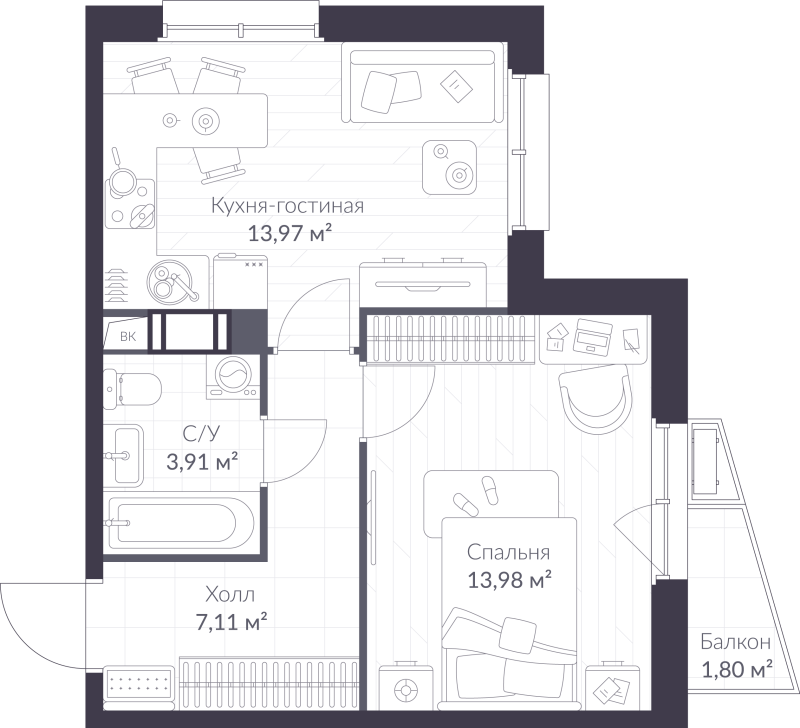 1 ккв 39,5 м²