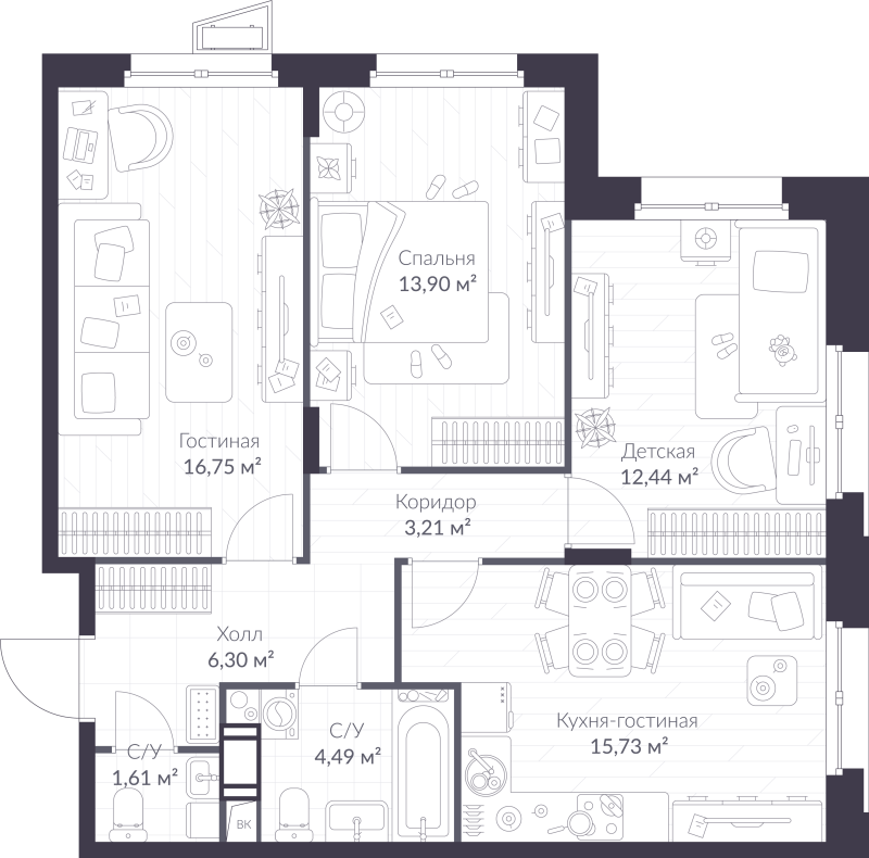 4 ккв (Евро) 74,4 м²