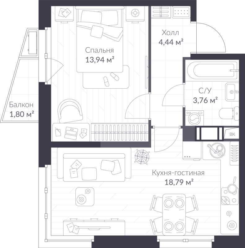 2 ккв (Евро) 41,5 м²