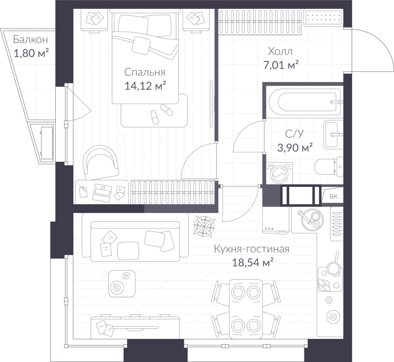 2 ккв (Евро) 44,1 м²