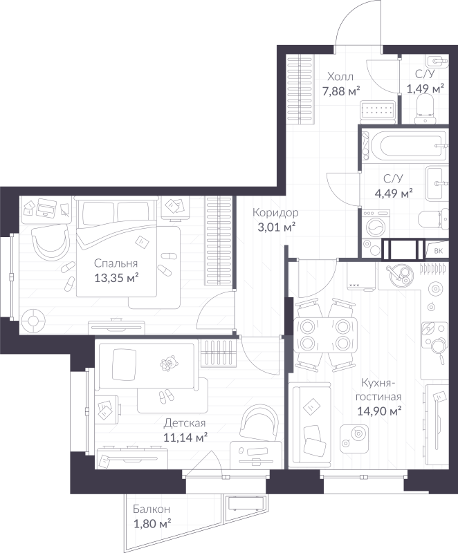 2 ккв 56,8 м²