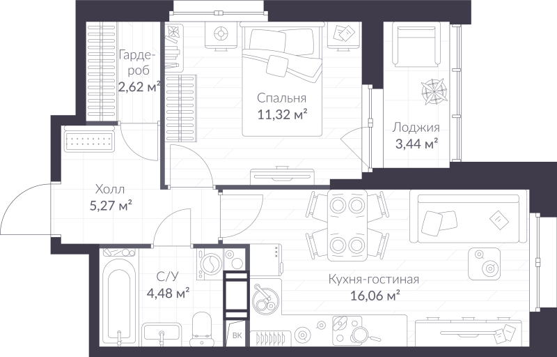 2 ккв (Евро) 41,5 м²