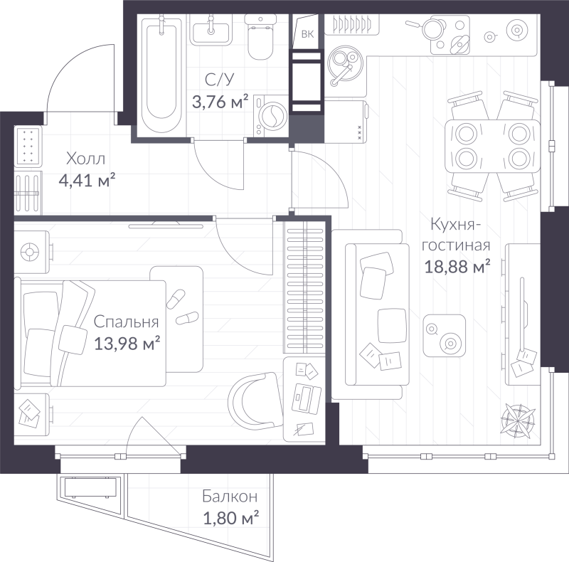 2 ккв (Евро) 41,6 м²