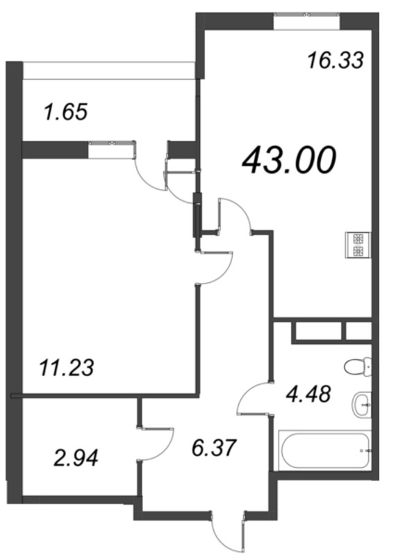 2 ккв (Евро) 43 м²
