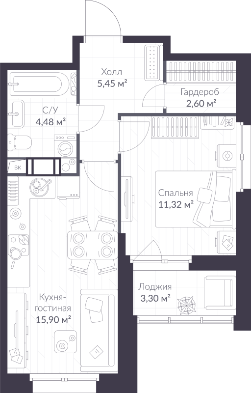 2 ккв (Евро) 41,4 м²
