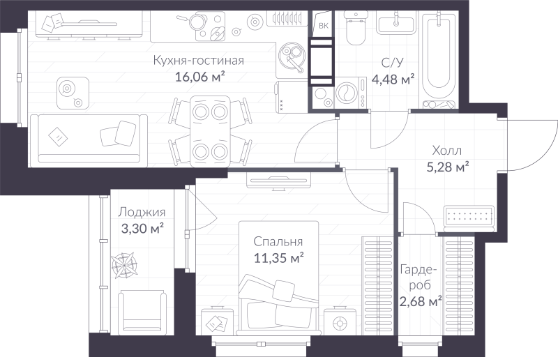 2 ккв (Евро) 41,5 м²