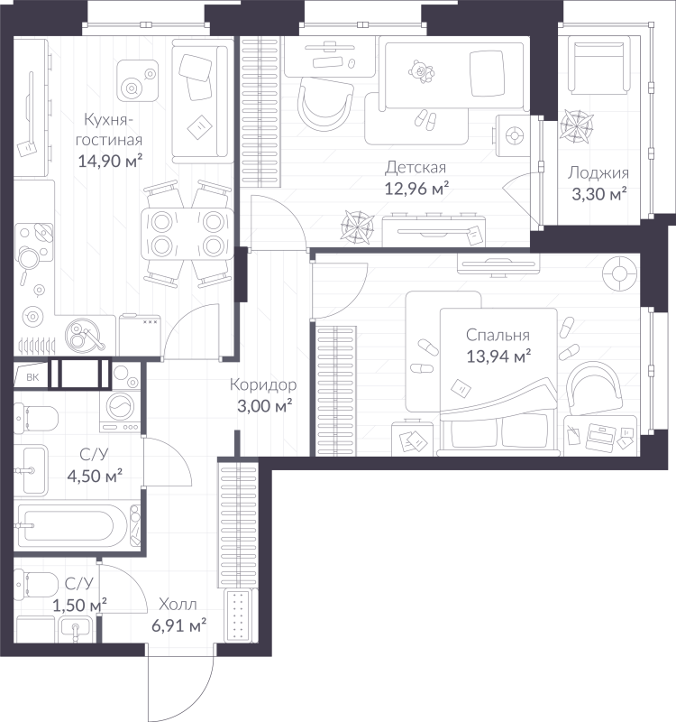 2 ккв 59,4 м²