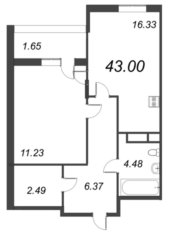 2 ккв (Евро) 43 м²