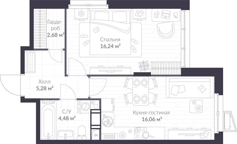 2 ккв (Евро) 44,7 м²