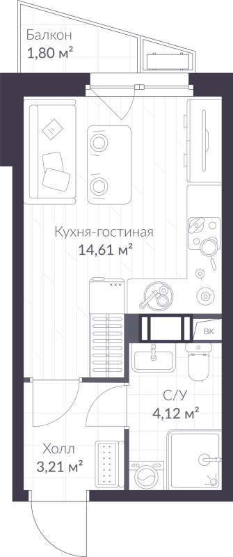 Студия 22,5 м²