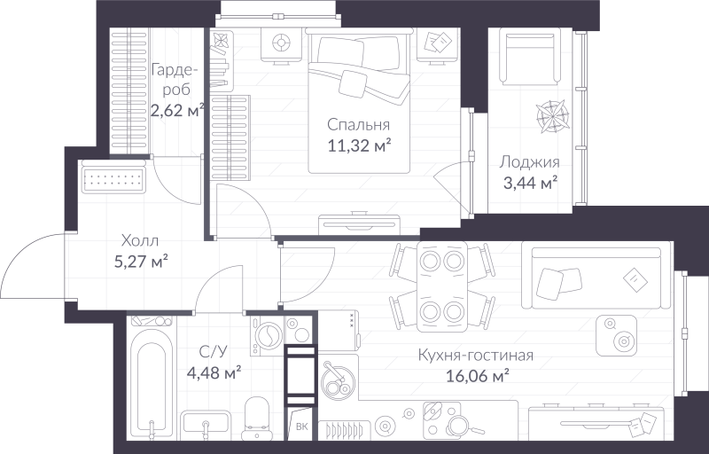 2 ккв (Евро) 41,5 м²