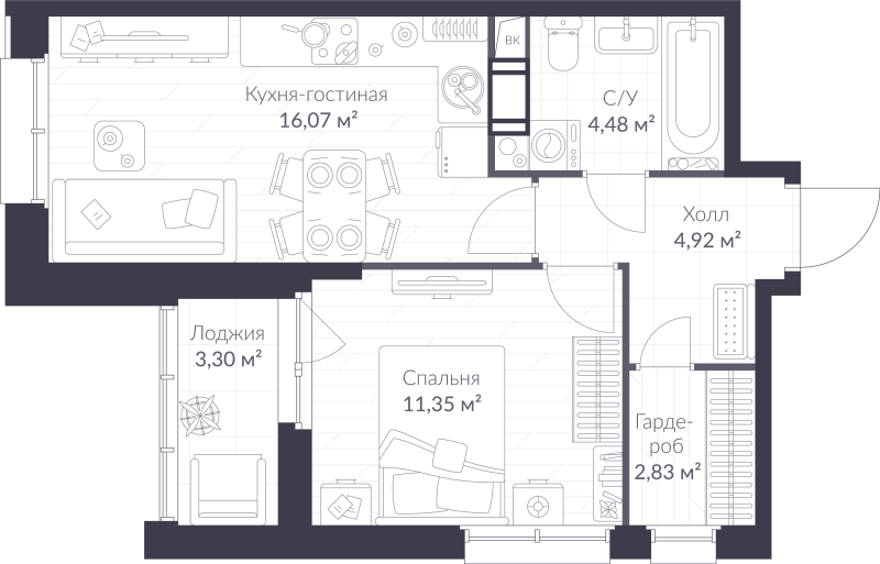 2 ккв (Евро) 41,3 м²