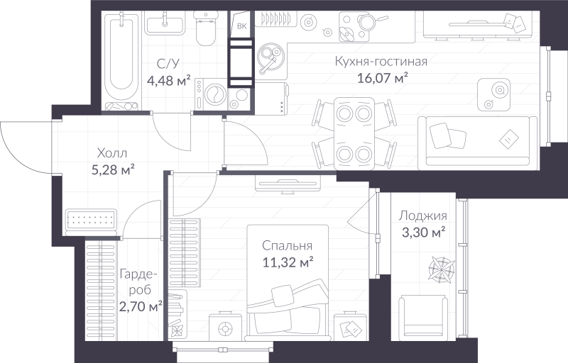 2 ккв (Евро) 41,5 м²