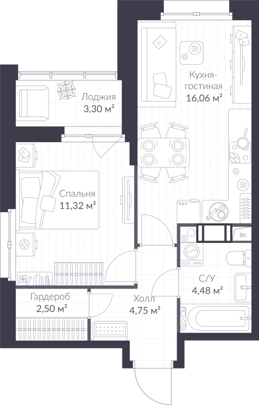2 ккв (Евро) 40,8 м²