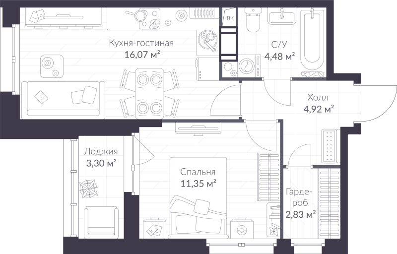 2 ккв (Евро) 41,3 м²