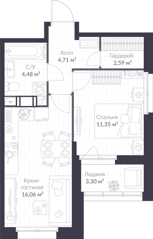 2 ккв (Евро) 40,8 м²