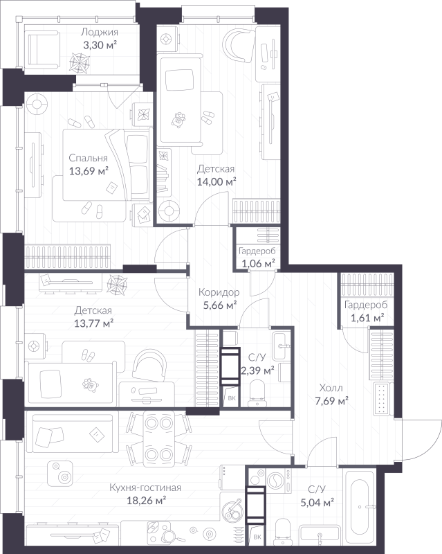 4 ккв (Евро) 84,8 м²