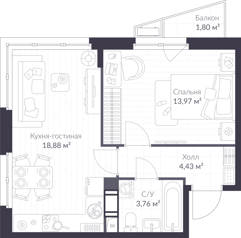 2 ккв (Евро) 41,6 м²
