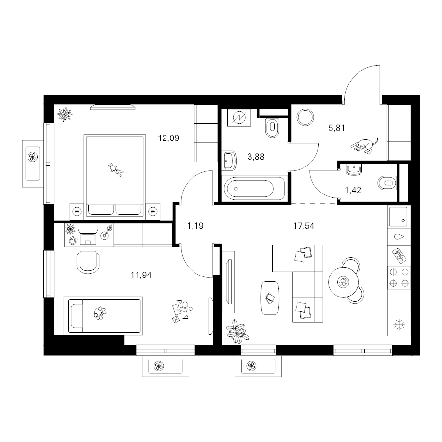 3 ккв (Евро) 53,9 м²
