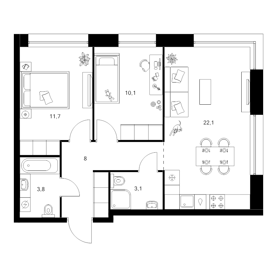 3 ккв (Евро) 58,8 м²