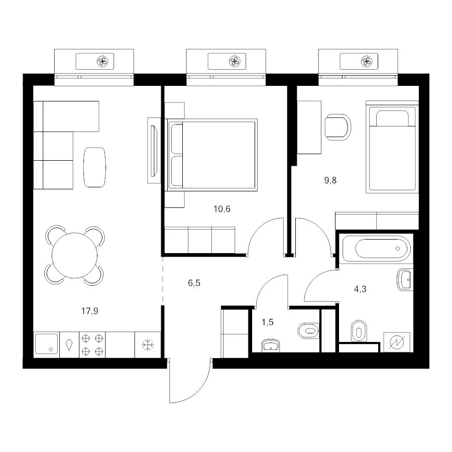 3 ккв (Евро) 50,6 м²