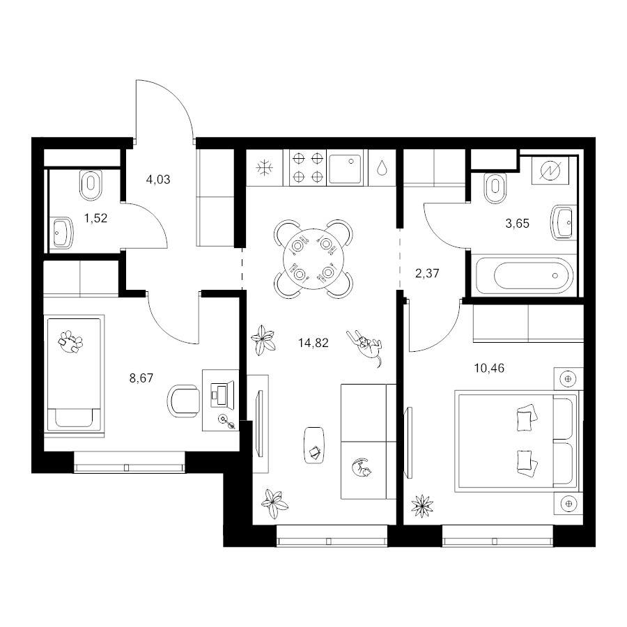 2 ккв 45,5 м²